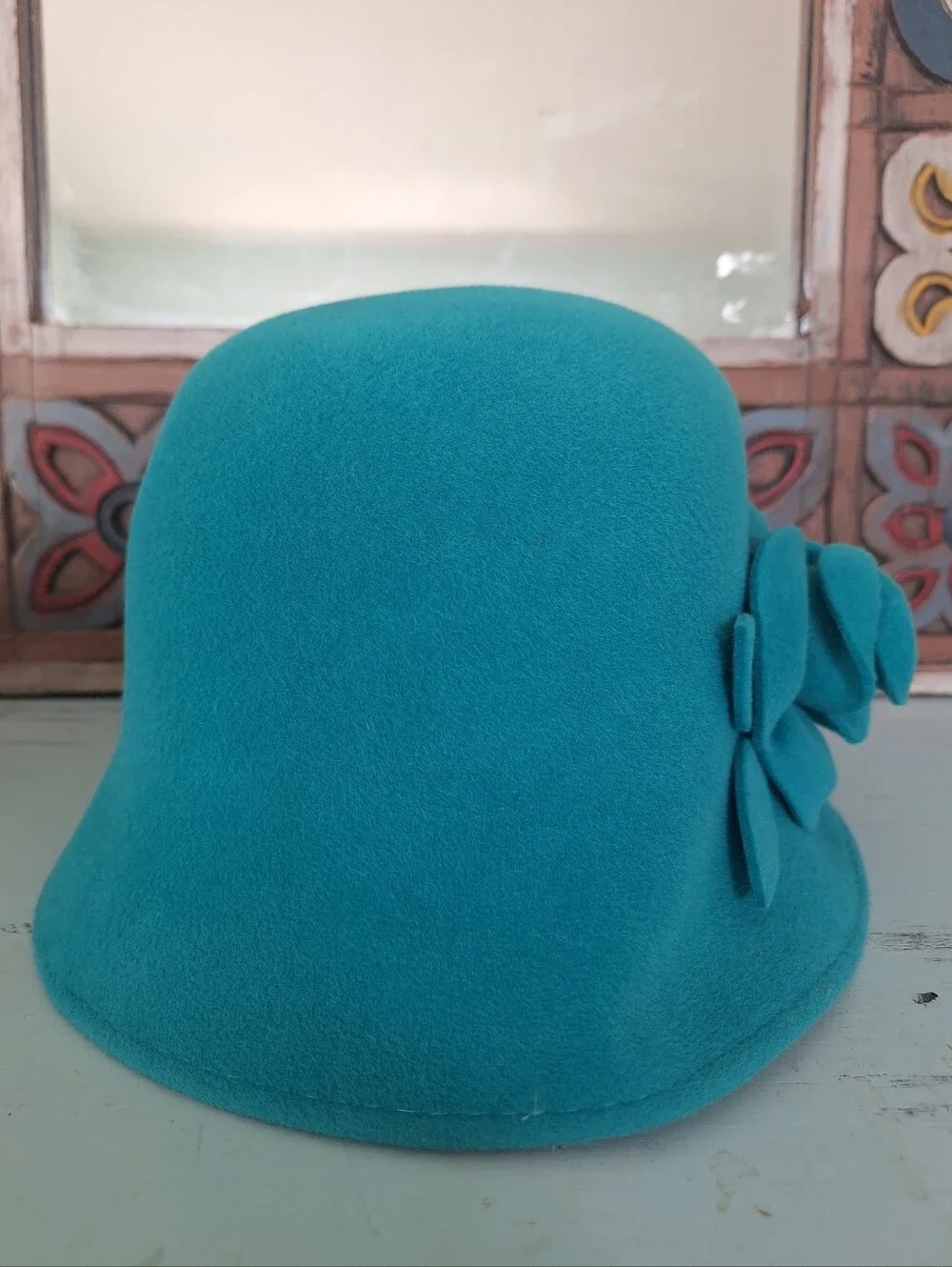 Lord & Taylor Teal Felt Cloche Hat with 3-D Floral Detail